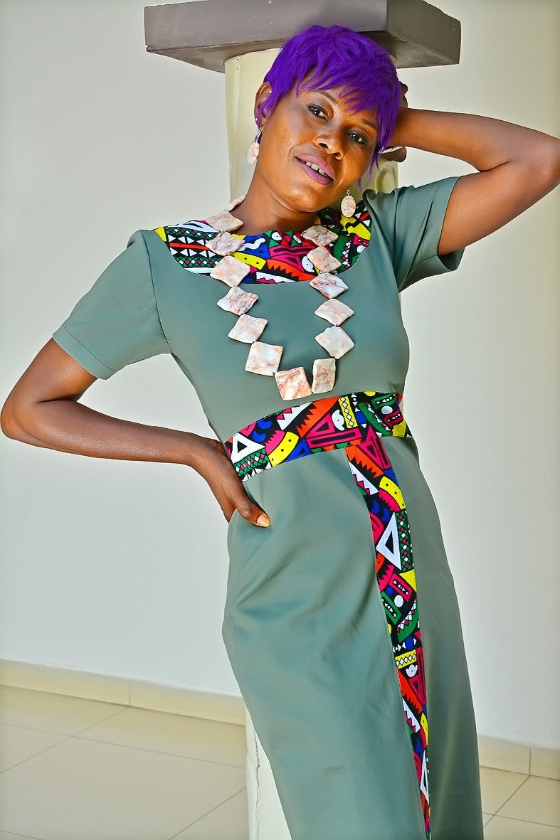 Olive Green Tribal African Ankara Dress